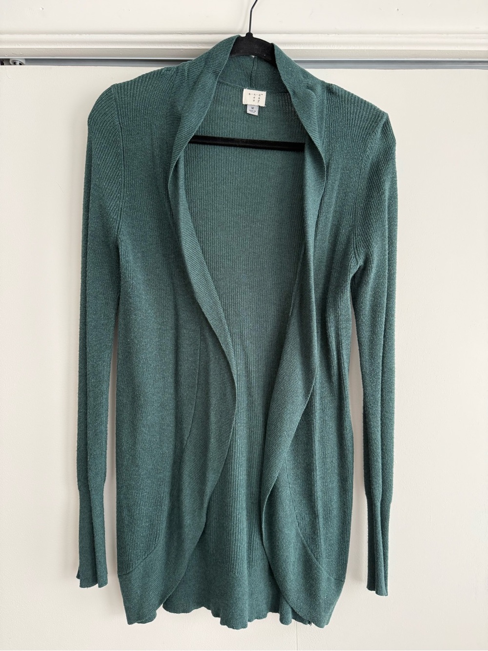 A New Day Sage Green Open Front Longline Cardigan Sz M Ribbed Waterfall